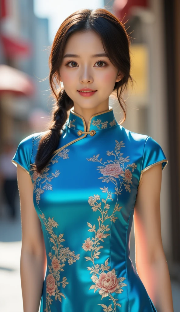 ulzzang-6500-v1.1, (Raw foto:1.2), (Photorealsitic:1.4), Delicate beautiful girl，The sparkling eyes have a very nice atmosphere..，18yo, Attractive eyes and moist lips，cabelos preto e longos，（ssmile：1.3），Detailed depiction of the face，Formula details，Detailed depiction of facial features Star Masterpiece Fine Detail，Describe your role in detail，Detailed depiction of hair，Carefully drawn ，My body is bumpy，Detailed depiction of the hand，Clothes drawn in detail，Detailed depiction of the face，face perfect，Detailed depiction of hands drawn in the military，4fingers and 1thumb：1.3），orthofacial，choker necklace，lipsticks，eardrop，Photo of three-quarters，Works of masters，Infinitely close to reality，（Upper body photo：1.3），Highest image quality，best qualtiy，infinite details，8k resolution，(((Beautiful patterned embroidered cheongsam 1.3)))，(((Colorful cheongsam)))，（Ancient courtyard scene：1.3）,((whole body shot)),