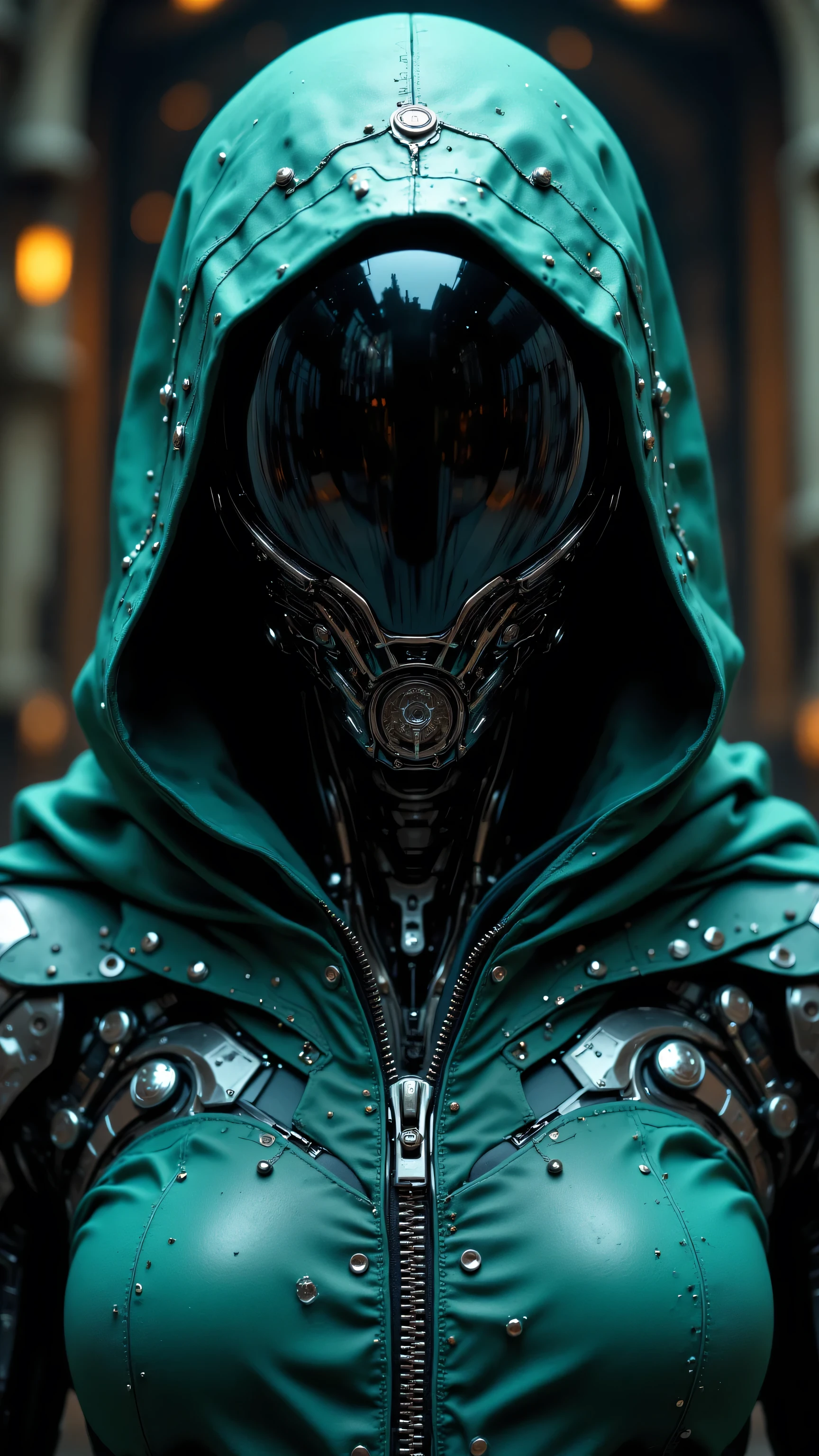 8k, masterpiece, highest quality, Close-up, frontal, neutral, robotic, cyborg, helmet, black, glossy, teal, blue-green, intricate, metallic, organic, dark, matte, heavy, leather-like, hood, up, zipper, hardware, fastenings, collar, shoulders, technological, blue, simple, contrast, sleek, mysterious, powerful, science fiction, robotic, human-like, lighting, detail, textures, reflective.