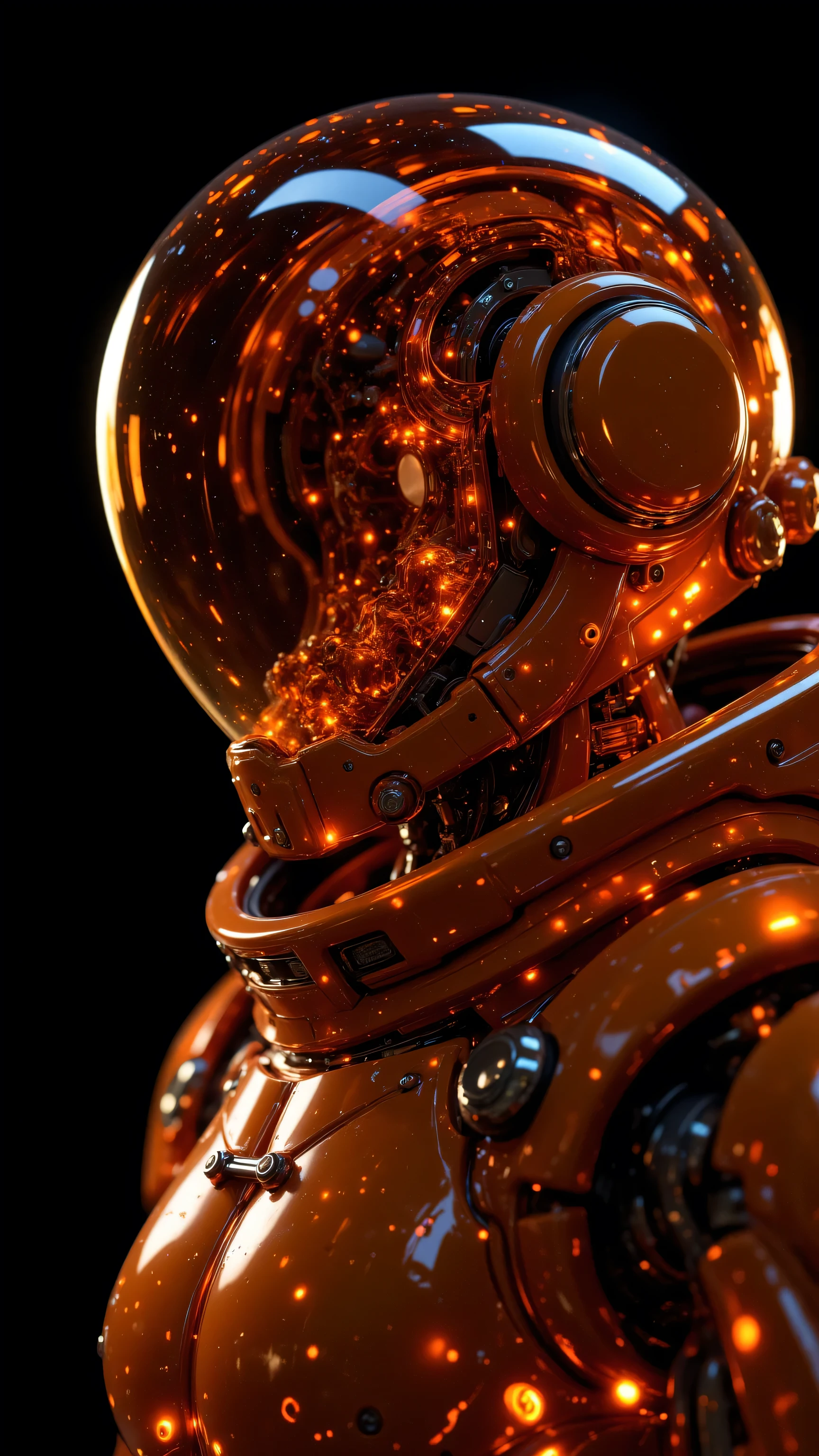 8k, masterpiece, highest quality, Low-angle, close-up. Translucent, Orange, glass-like, detailed, spherical helmet, buckles, straps, mechanical elements, smooth, glassy texture, small particles, dark, blurry, highlights, smooth surfaces, curves, iridescent, monochromatic, Orange shades, dark background, three-dimensional, digital art, 3D render, aesthetic, visual appeal.