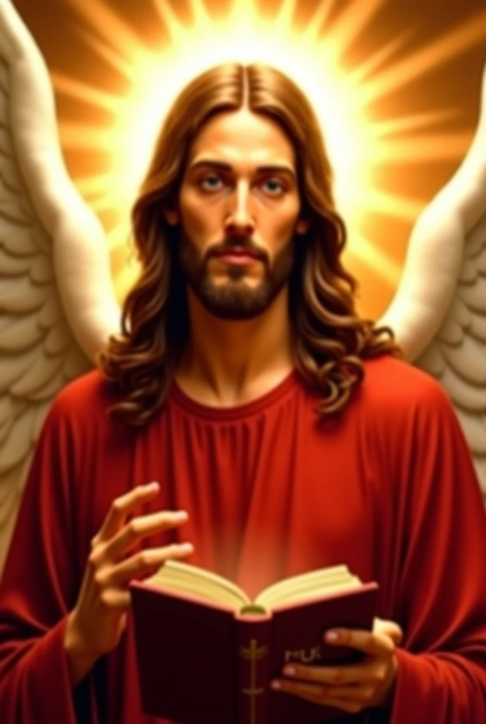 imagem de um homem com uma coroa e um livro, Retrato de um Deus Celestial, Jesus Cristo, Jovem Deus Todo-Poderoso, reino divino dos deuses, Rei dos Reis, deus divino, biblical accurate angel, Retrato de Jesus Cristo, Jesus, queen of heaven, imagens sagradas, bible illustration, imagens religiosas, arte conceitual de deus, fan art, catholic religious art --auto
