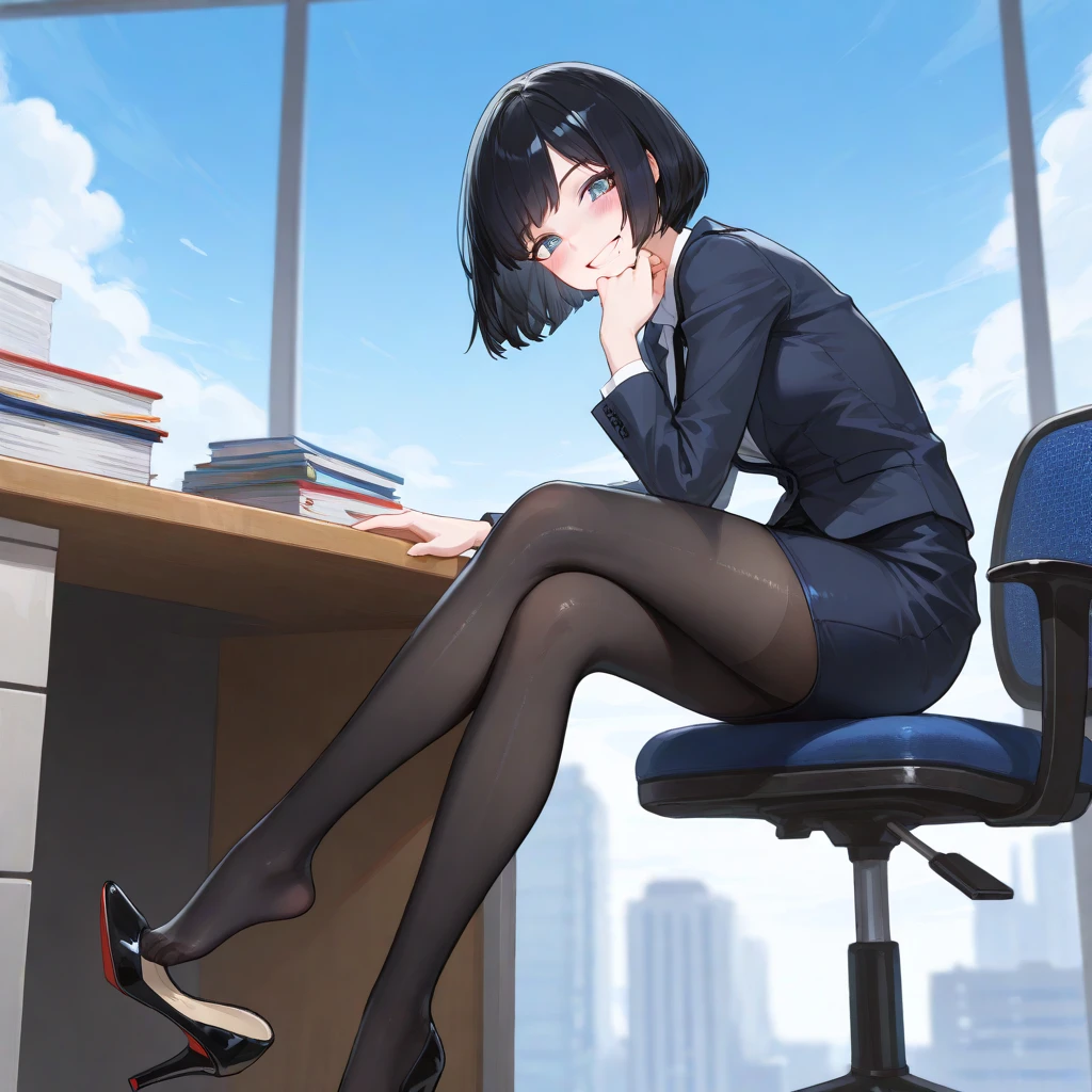 best qualtiy,Full body like,Cinematic shots,Refined face,pretty face,20yo Woman,ssmile,slimfigure,Smaller bust,office lady uniform,Office wear,(black pantyhoses),(pantyless),interior scenes,office room,Sit Pose,no shoe,The soles of the feet face forward