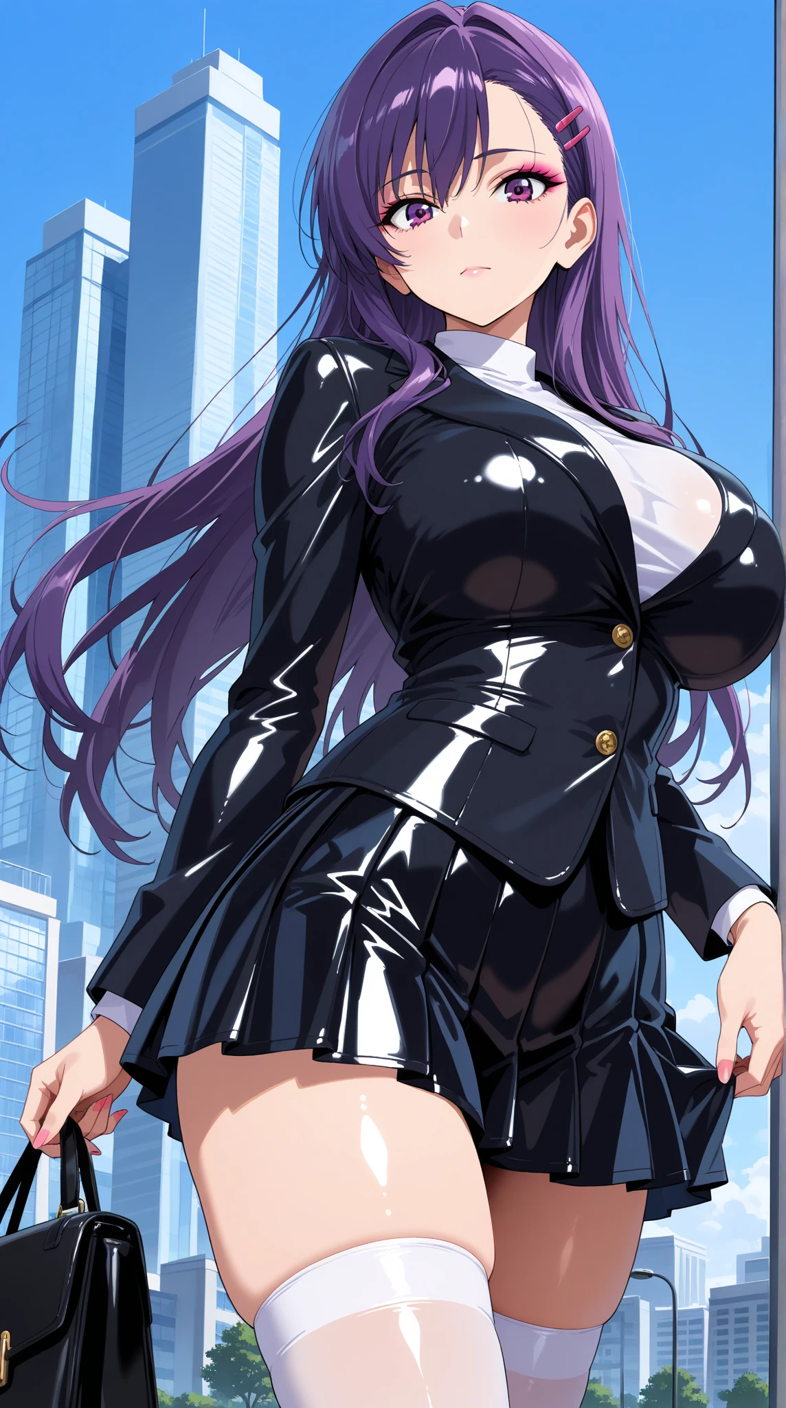 1990s, (masterpiece), high-definition, detailed face, cute girl, perfect body, (big tits: 1.4) big hips, round ass, (black hair with dark purple highlights: 1.4), (tight grey t-shirt: 1.4), (black jacket: 1.4), (purple tight skirt: 1.3), belt, (black thong: 1.2), thigh high stockings, boots, fishnet, pin-up pose, balcony