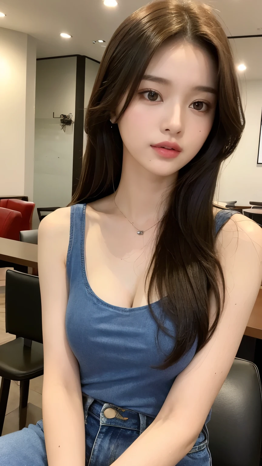 (realistic, High resolution:1.2), One girl with perfect figure,25 years old、 very detailed face and eyes, long dark blue hair, blue tank top: 1.2 sheer color, short jeans, at the cafe, coffee on the table, small breasts