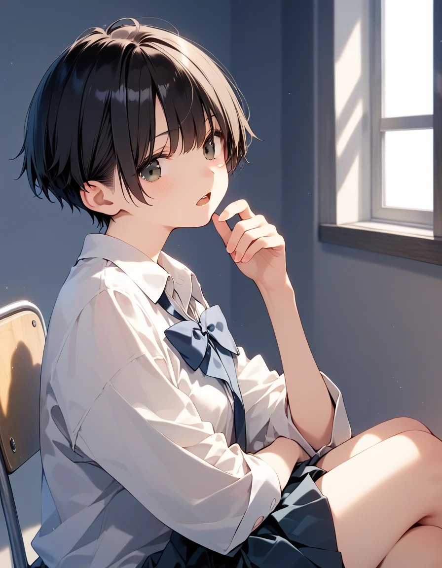 score_9, score_8_up, score_7_up, source_anime, best quality, masterpiece, official art, absurdres, highres, ultra-detailed,waifu2x,JAV Cover,break,1girl, tomboy, idol girl, school uniform, very short hair, pixie cut, small breasts, slender, beautiful detailed eyes,  expressionless, sleepily, sexual pose,  indoors, break,(clear line illustration:1.2), super detailed skin,very high resolution, very aesthetic, Best sexual lighting powered by famous artist, 8k,cute picture, beauty illustration,photoshop_(medium),,(Detailed Lighting),best anime 8k konachan wallpaper, pixiv contest winner, 