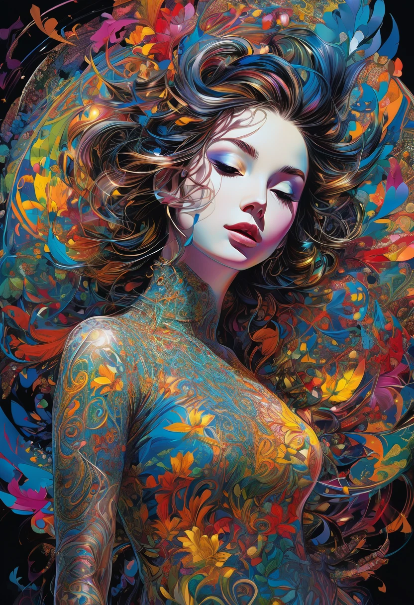 official art, unity 8k wallpaper, ultra detailed, beautiful and aesthetic, masterpiece, best quality, (zentangle, mandala, tangle, entangle), (fractal art:1.3) , 1girl, extremely detailed, dynamic angle, cowboyshot, the most beautiful form of chaos, elegant, a brutalist designed, vivid colours, romanticism, , atmospheric, ecstasy of musical notes, streaming musical notes visible