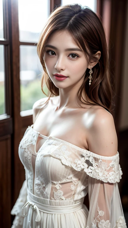 masutepiece, Best Quality, Illustration, Ultra-detailed, finely detail, hight resolution, 8K Wallpaper, Perfect dynamic composition, Beautiful detailed eyes, White floral buttoned shirt with mini pleated skirt,Bob Hair, mid-chest, Natural Color Lip, Random and sexy poses,Smile,20 years girl Colossal 、nightclub、