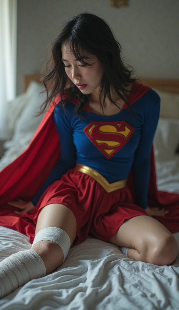 (((Make the most of your original images)))、(((Supergirl Costume)))、(((hang)))、(((close your eyes、Sleeping)))、((bra、weak legs))、(((Downward、Pushed down)))、((obtain))、((suffering))、((Doll condition))、((suffering))、(((Wear red gloves)))、(((Shiny black hair)))