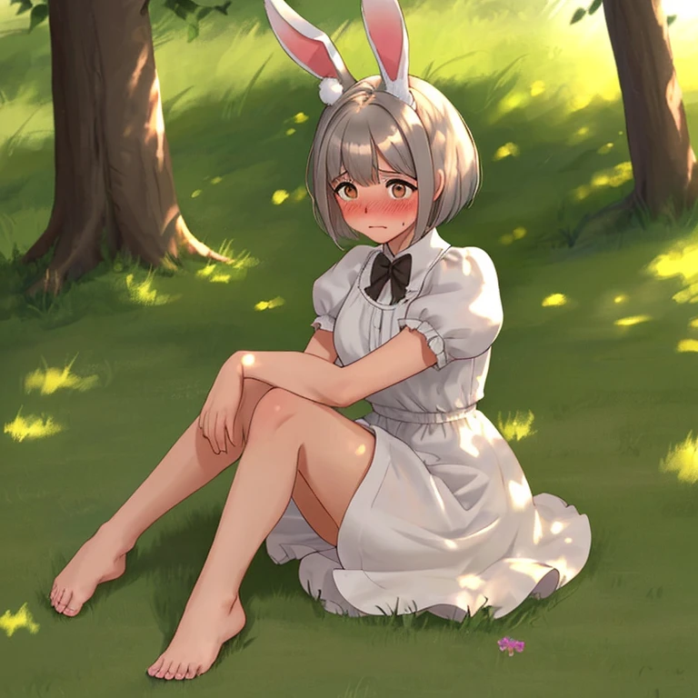 ((masterpiece, Highest quality)),One girl, alone, animal ears, Rabbit, barefoot, skirt, Sitting, Rabbit ears, Short sleeve, (teasing, shy, blush: 1.3), Looking at the audience, Grass, short hair, Gray Hair, Puff sleeves, Outdoor, fluffy Short sleeve, bangs, On the ground, whole body, animal, White Dress, sunlight, Brown eyes, mottled sunlight, Daytime,