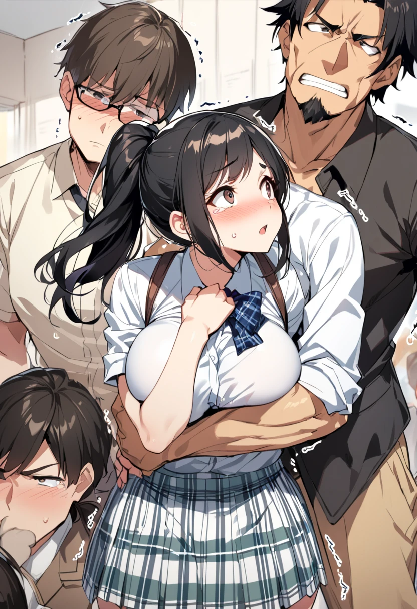 NSFW, masterpiece, highest quality, 1 girl, 2 boys, MMF threesome, Double insertion at the same time, suspended congress, boy sandwich, break girl, Shouko Nishimiya, light brown hair, long hair, shiny hair, brown eyes, (big breasts:0.9), highly detailed eyes, Completely naked, Are crying, embarrassing, vapor, Sweat, drooling, 