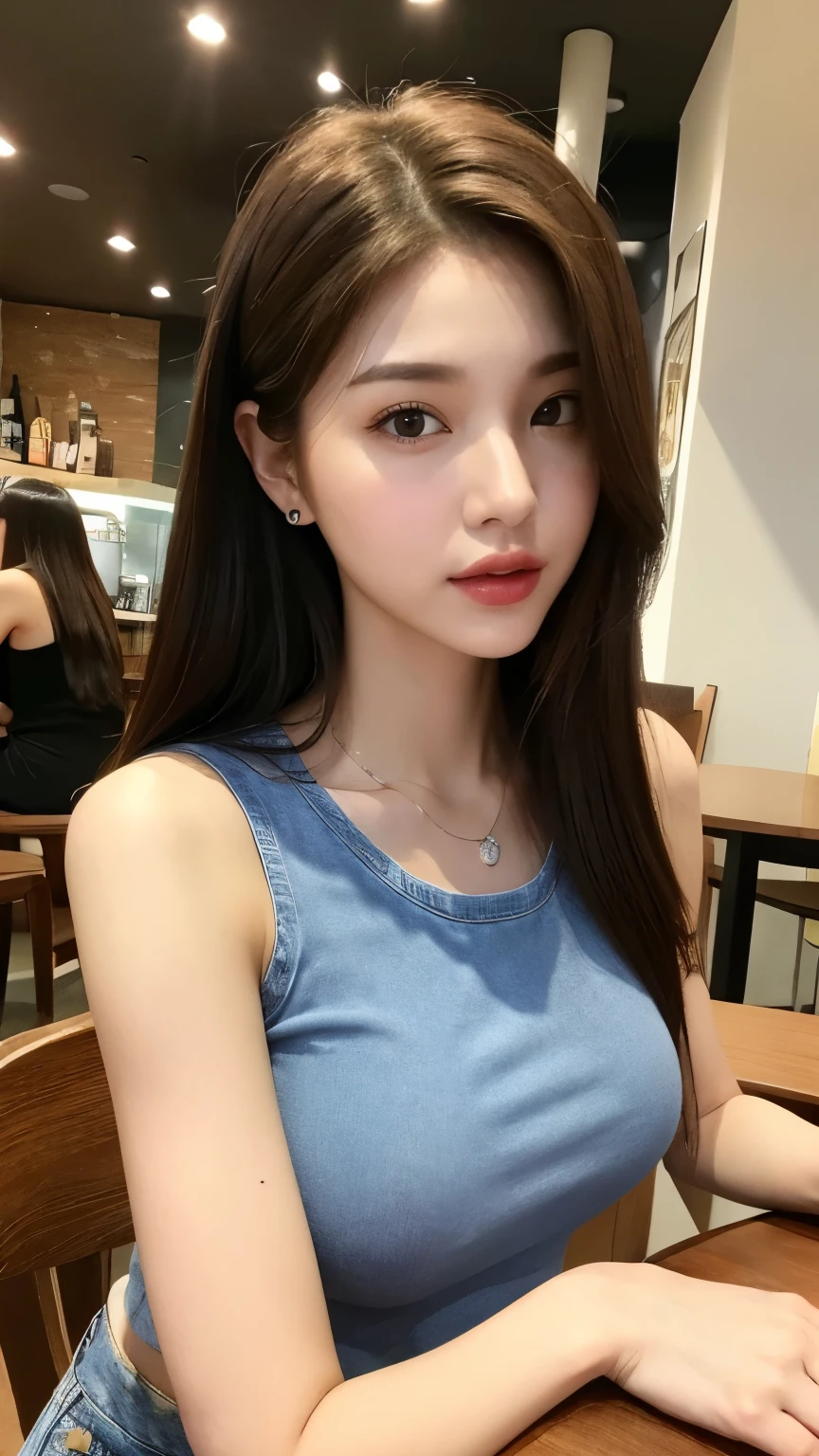 (lifelike, high resolution:1.3), Woman with perfect body 1, I really like your face and eyes,long hair, random color tank top:1.2, short jeans, at a cafe, coffee on the table, ((best quality, 8 thousand, masterpiece :1.3)), Highly detailed face and skin textures, detailed eyes, double eyelid,