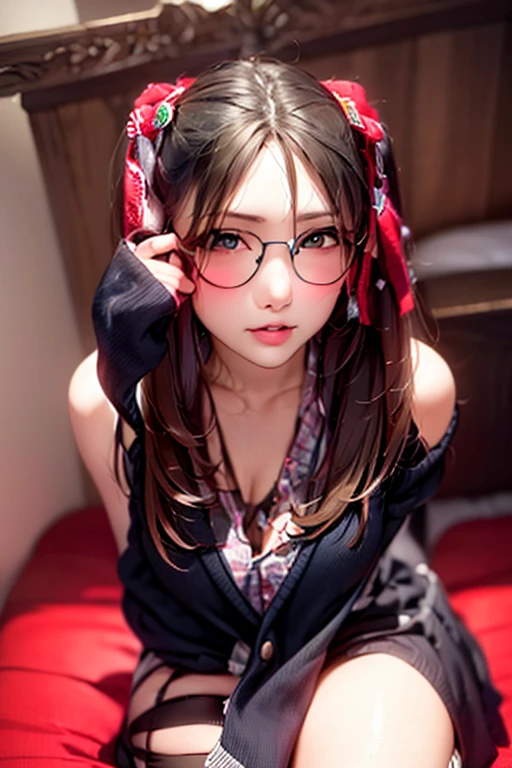 1girl in、japanaese girl、nerd round glasses, full bodyesbian、cute little、sullenness、huge tit、cleavage of the breast、Sexy kimono、Goat horns、Demon Fashion、
