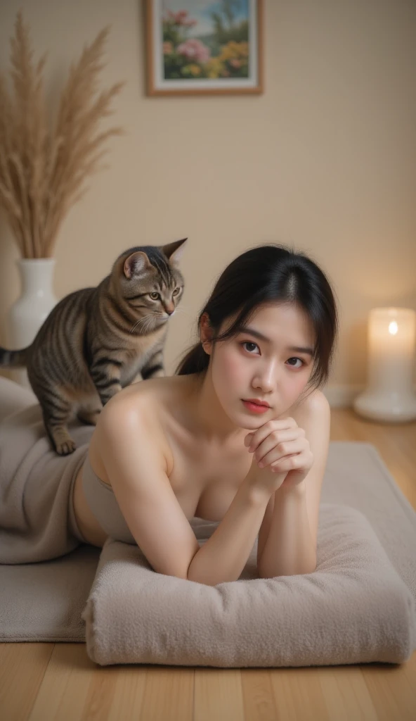 Full body shot, wide angle, bright light, naked Thai woman on bed, white room, short hair, several cats.