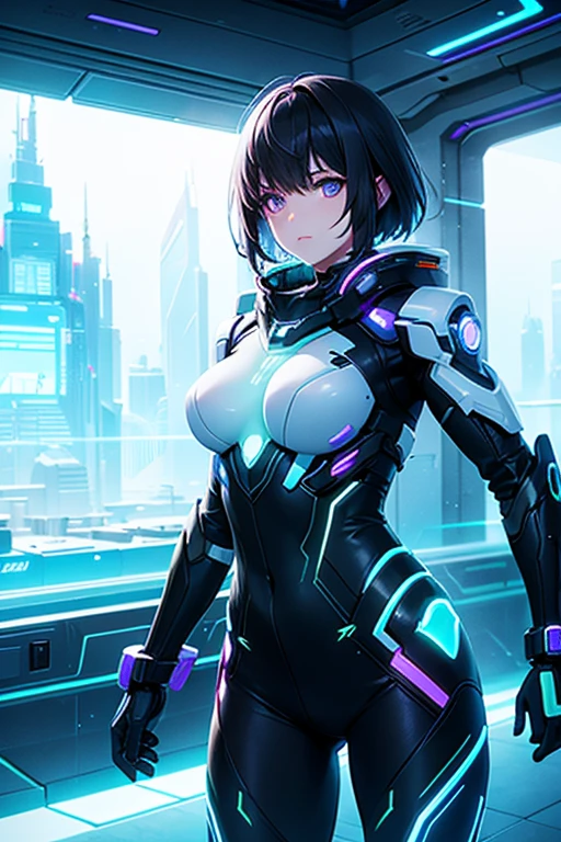 masterpiece, best quality, outdoors, cyberpunk, portrait, from behind, looking back, cyborg, large breasts, close-up, short hair, black hair,