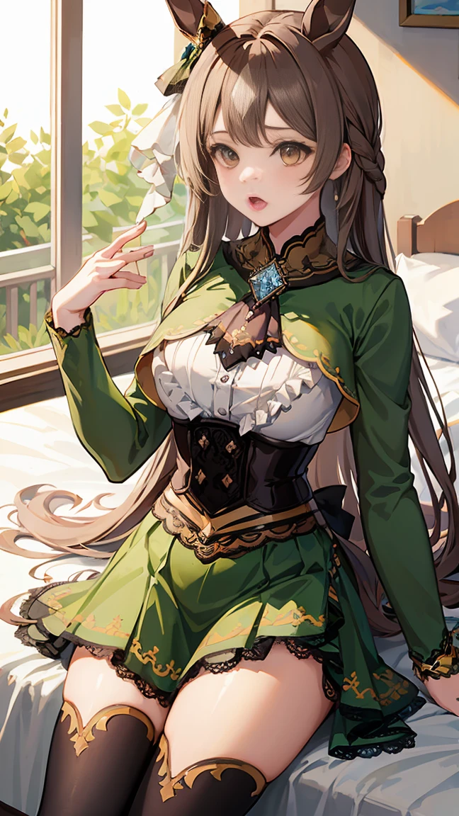 masterpiece, best quality, ultra-detailed, glistening shiny, glowing light, ray tracing, HDR, deph of field, (perfect face, detailed face, detailed eyes,perfect hands,perfect fingers), 8k,HD,ultra realistic face,ray tracing,perfect lighting,best quality, ultra-detailed,
looking at viewer, blush, smile, aasato, long hair, half updo, braid, hair between eyes, animal ears, ear ornament, horse tail, breasts, frills, black ascot, green dress, (sleeves past wrists:1.2), black thighhighs,
<lora:satono_diamond_v1-1:0.7> <lora:sensualface_type1:1>