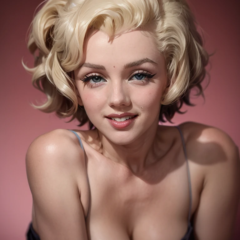 A realistic rendering of an Anne Anderson style illustration of a very close, ultra close shot on the breasts of a pert, nubile, thin, freckled, girl with 50s style sandy blonde hair, topless, tiny breasts, bare breasts, exposed breasts, small breasts, little breasts, exposed crotch ,pink nipples , puffy nipples , exposed nipples , slight smile, open mouth, wearing shiney, delicate, patent leather body harnesses, several, criss cross, shiney, delicate, patent leather straps around torso, uniforms, pink lace ruffles around breasts , pink lace ruffles under patent leather straps, reclining on a bed in a pink, 1950s teenl's bedroom, ultra close shot on breasts, viewer very close to breasts