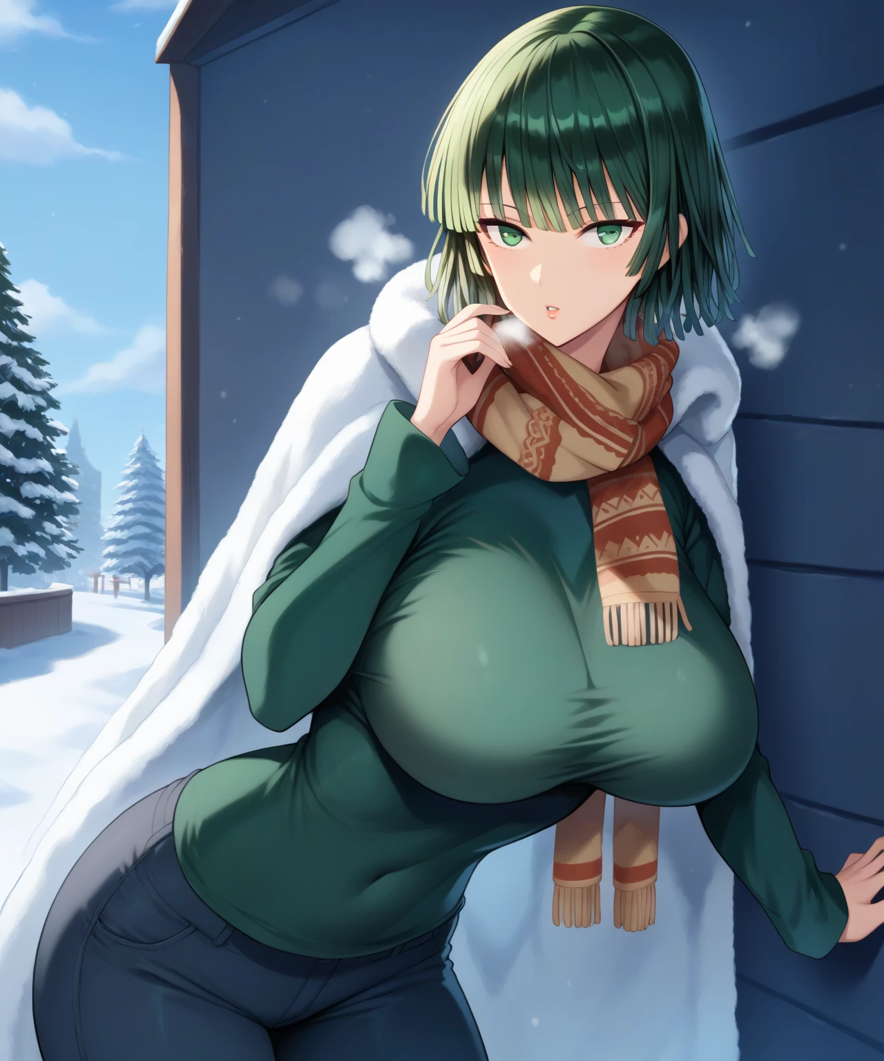 gumi, green eyes, green hair, medium hair, sidelocks,,goggles, goggles on head, , empty eyes , large breasts, nipple, Standing pee, , Heavy snowfall area, frozen, wet, mountain, Alone, crying, Naked, solo, 1girl,