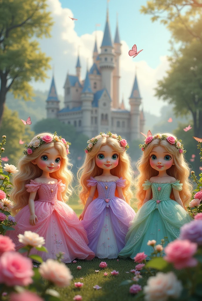 A somewhat futuristic princess world landscape With flowers and pink teddy bears, very tender baby princesses