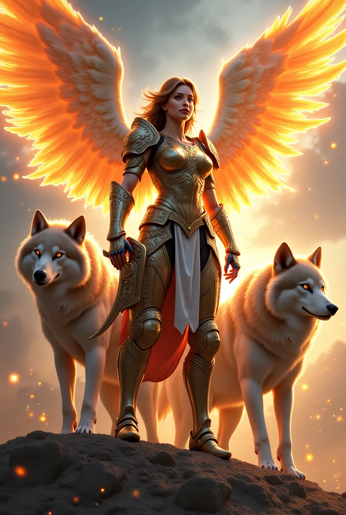 Valkyrie with two swords in flame with red hairy and dogs with wings , the valkyrie has a golden armour and a halo