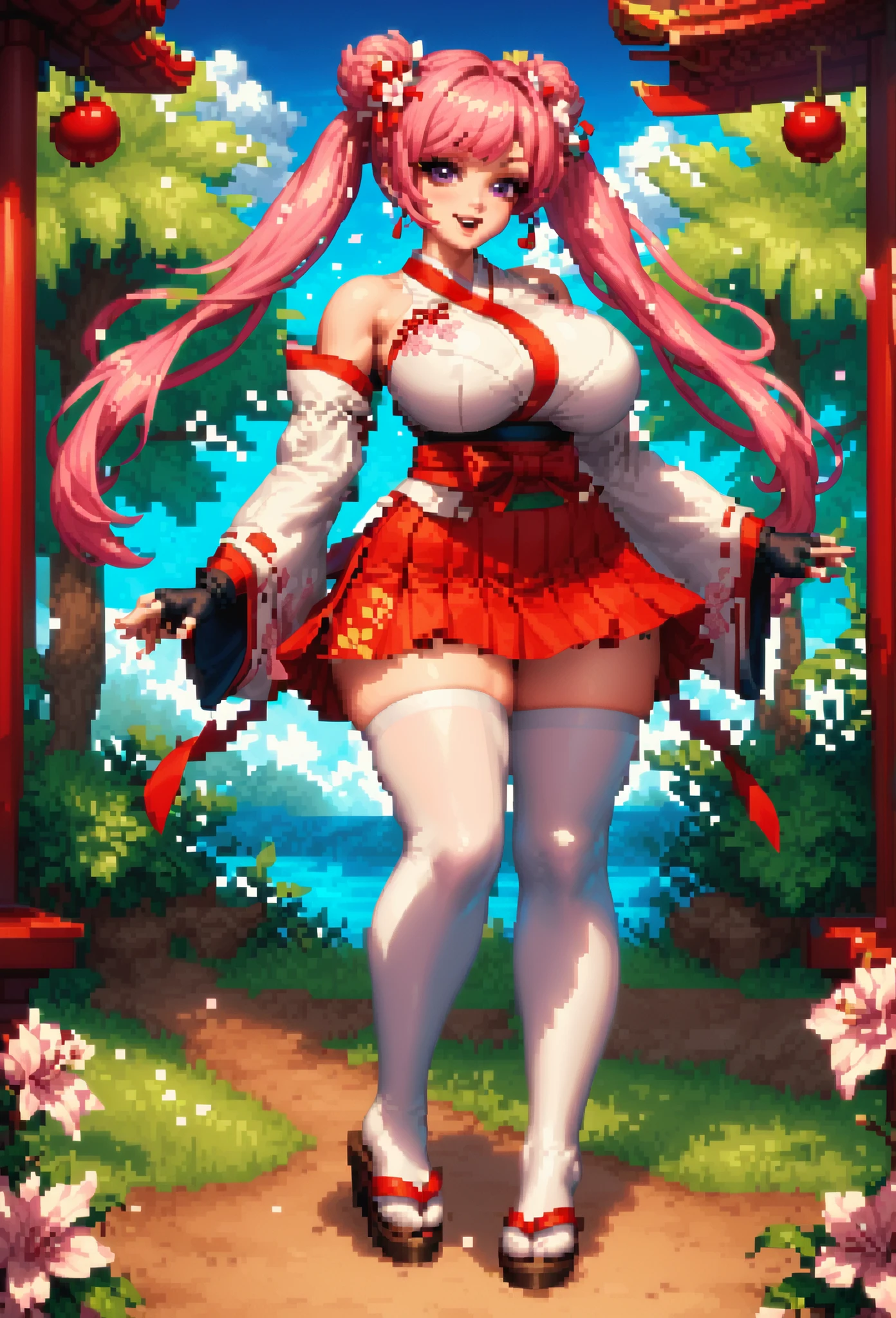 pixel art of a girl with a pretty face,huge breasts, slim waist , wide hips, huge butt, purple eyes,(long pink twintail hair),(pink bangs),(white kimono with red accents and cherry blossom patterns),(short red hakama skirt with cherry blossom patterns),(white detached sleeves),(black fingerless gloves),(white thigh highs),(black high sandals),(looking at the viewer with a cheerful smile on her face),in a forest, sprite, 2 d sprite, sprite 2 d, #pixelart, # pixelart,Long pink twintail hair girl in a white kimono with red accents cherry blossom patterns and short red hakama skirt with cherry blossom patterns, pixelart, high quality pixel art, pixel art animation.
