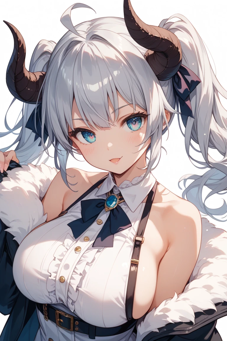 blue eyes, white hair, cow horns, open smile, :D, wink, tight white t-shirt, small chest, white background, cute, soft