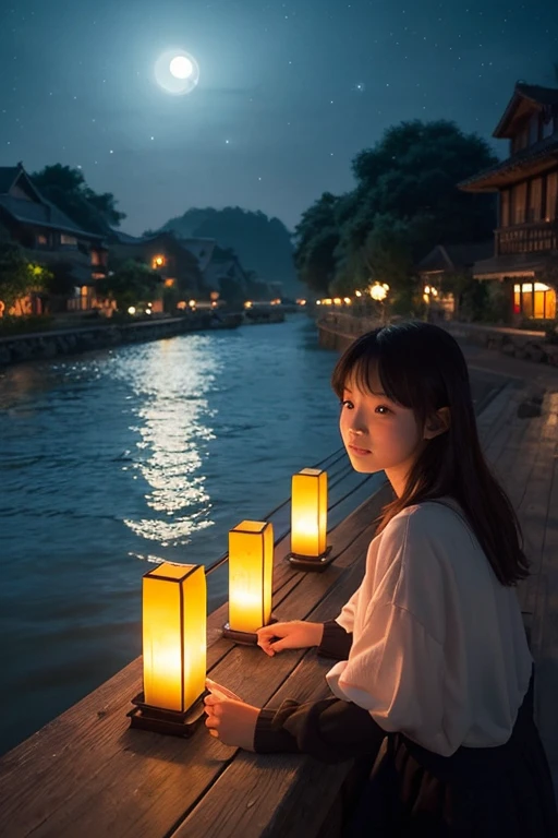  Keep the Earth rotating smoothly as before, but add tiny glowing lights around it, representing the souls of the departed. A small child holding a lantern stands on the base, watching the lights, symbolizing remembrance and the cycle of life. Japanese: