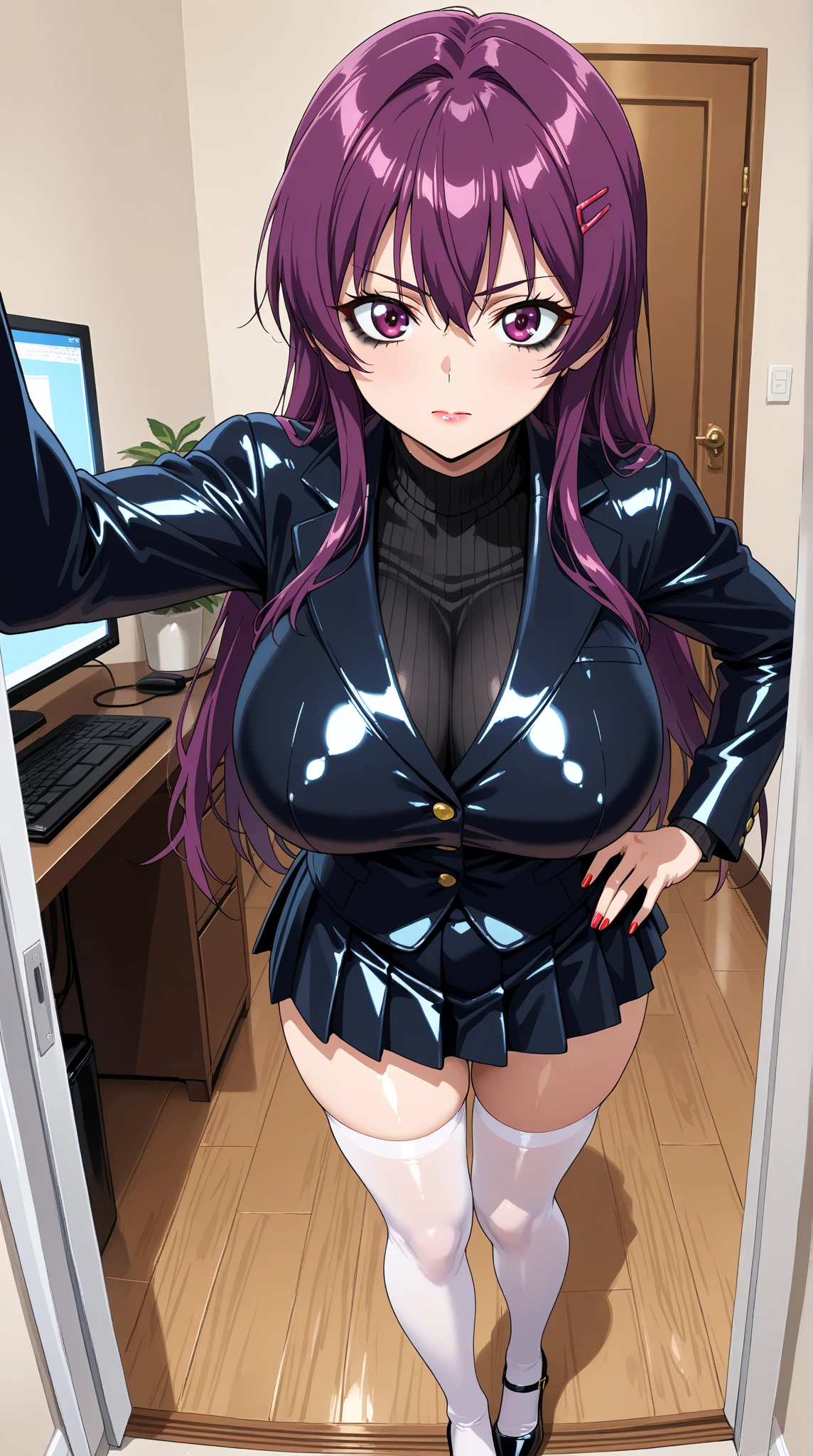 sexy anime girl, big bust, dark purple hair, bright bluegreen eyes, office top, black pencil skirt, pantyhose tights, leaning forward, close up pov