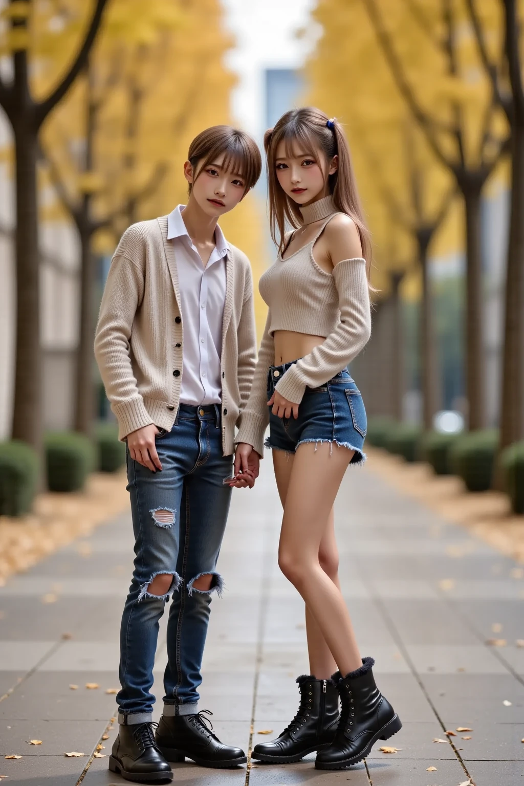 absurdres, RAW photo, extremely delicate and beautiful, masterpiece, Best Quality, ultra high resolution, 16k, hyperrealistic, realistic, photorealistic, photo-realistic, ultra-detailed, perfect anatomy, super Detailed skin, perfect figure, Very detailed CG 8k wallpaper, nude, pussy, shaved pussy, nipple, perfect nipple, perfect breast, round breast, small head, perfect fingers, (full body :1.2), super white skin, standing, medium breast, kpop idol, nude, blushing, sexy leg, smile, smile eyes, 3 boys, 3  guys, on the street, nude, puffy hair, bangs, (2 guys :1.5), long leg, medium breast, nike shoes, (nude girl), messy hair, flat bangs,  topless boy, topless man, all mide, hand on pocket, round tits, hand on breast, holding boba drink, angkle boots, spread pussy, open leg, sexy pose, hands down, (couple: 1.5), (dick), (penis), (realistic penis), hard dick, hard penis, macho boyfriend, shy boyfriend,