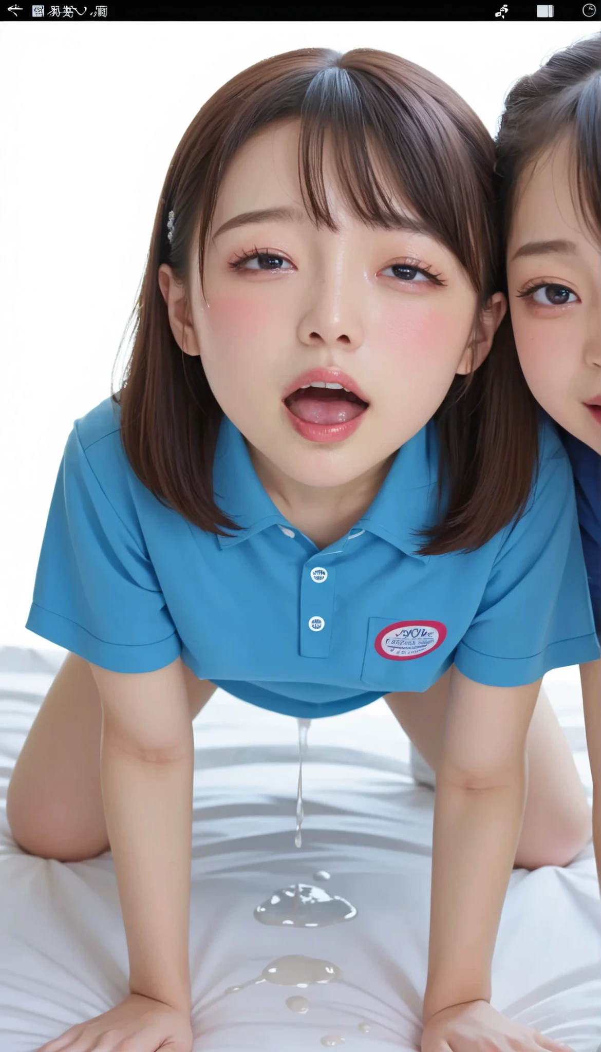 ((The greatest masterpiece of lesbian action)),  Close-up of a beautiful girl in a blue shirt、It's on the bed ,  monster, 4K], 4k yen ], 8k)), Yoshitomo Nara, sexy gaze on camera on all fours, (emphasized small beautiful breasts), (love liquid dripping from her crotch), Sexy Girl Working At A Flower Shop, beautiful small face, two nice young girls, Strong blush,  Best Quality, charming pose, beautiful skin, thick, [32k High Quality]^10, young and cute roommate, ((( Doggy style sex :1.2, Loud moaning, sexual climax:1.3, ecstasy:1.3))), (detailed eyes and face:1.2), professional photography techniques, perfect anatomy