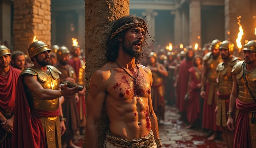 Please create an image of a man being crucified, an expression of suffering, with Roman soldiers around him, and people around him looking on, with details that refer to the historical environment. ultra-realistic, 8k.