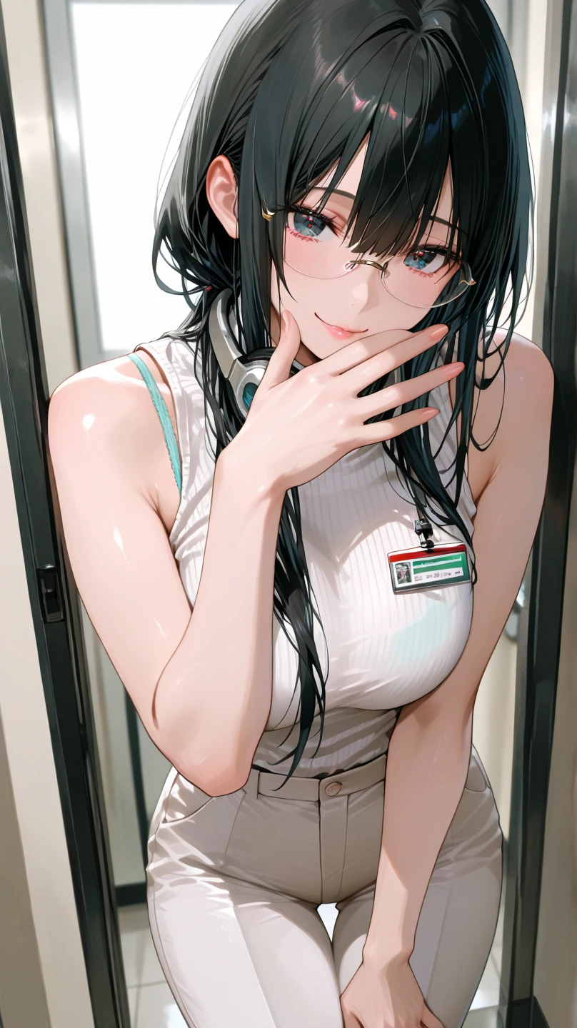 (masterpiece:1.3, Highest quality, Ultra-high resolution, Super detailed), (Realistic, photoRealistic:1.4), Beautiful illustrations, Perfect lighting, Natural light, colorful, Depth of written boundary, 
View your viewers, whole body, Front view:0.6, 1 girl, Japanese, office lady, 19 years old, Perfect Face, (Perfect Anatomy), Cute and symmetrical face, Baby Face, Glowing Skin, , 
(Long Hair:1.7, Straight hair:1.2, Black Hair), Hair between the eyes, Emerald green eyes, Long eyelashes, (Large Breasts:0.8), 
Beautiful Hair, Beautiful Face, Beautiful attention to detail, Beautiful clavicle, Beautiful body, Beautiful breasts, Beautiful thighs, Beautiful feet, Beautiful fingers, 
((Short sleeve navy high neck sweater, Grey stretch tapered pants), ID card), 
(Beautiful views), Daytime, (Office Lounge), having a can coffee, (Smile, Half an eye, Lips parted),