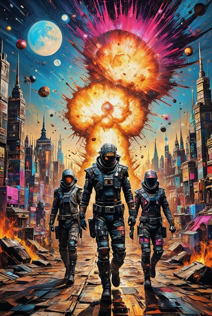 Cyberpunk astronauts, future, planets, chaos, Ultra-realistic 8K explosion