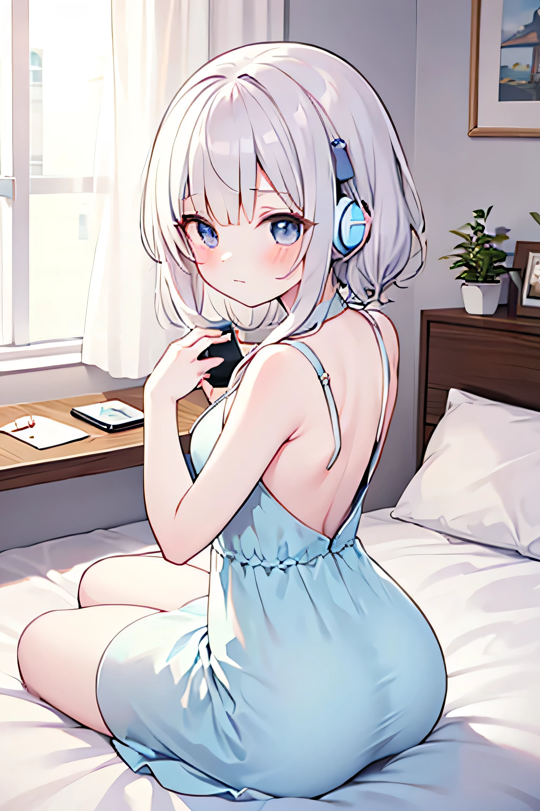 cute anime girl Girl is lycute serious boy, elegant dress, headphonesing on a bed, butt