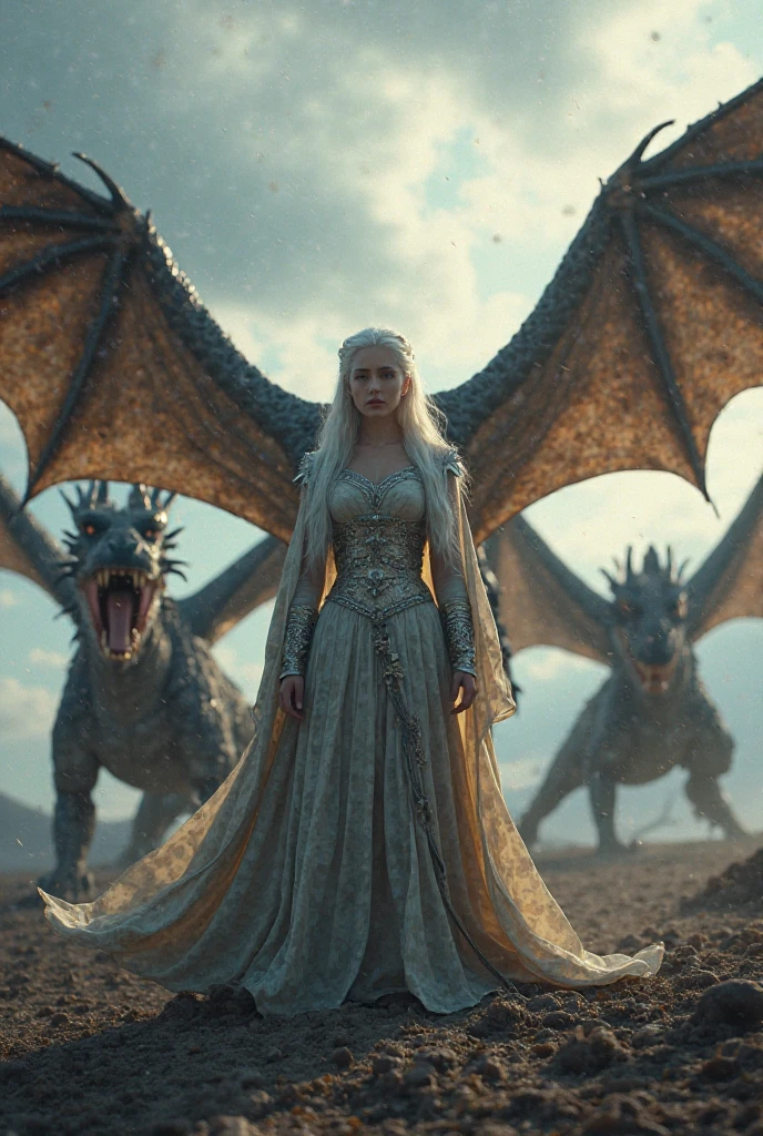 Silver-haired Targaryen woman in red dress standing in front of an armless golden dragon