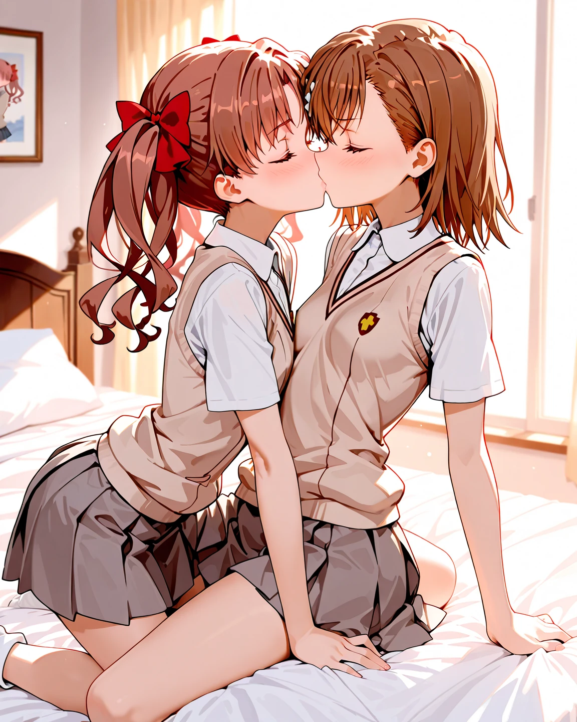 concept:Portrait oF two beautiFul women。 quality:(最高quality, 4k, high resolution, Masterpiece:1.2), super detailed, (real, photorealistic:1.37), lightning:cinematic light, Bright colors and mesmerizing eFFects, soFt and delicate lightning, soft shine, lens Flare, Subject inFormation:for 2 people, ((Two young women)), (narrow eyes), (small face), (high detailed leather:1.2), long eyelashes, bright lips, (rubio, very short hair, Blue eyes, Brown hair, wide), slim body shape:1.4, Highly Detailed Face and Skin Texture, (happy smile:1.2), Facing the Front:1.2, Photoshootのためポーズをとる, (((high school uniForm:1.2, short sleeve white shirt, red plaid skirt, seductive thighs))), Other details:school classroom:1.5, Hugging posture:1.2, beautiful skin, shiny skin, perfect fingers, five fingers, anatomically correct, background bokeh, lens Flare, 500㎜, F/4, Photoshoot,