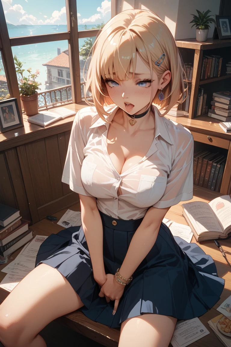 ((Highest quality)), ((masterpiece)), (detailed), One person,Age 25,(Black knit sweater),(mini skirt),Shoulder Bare,Big Breasts,blush,Underbust,(Her cleavage is visible),(Excited expression),(Seduce),night,indoor,Remains,nightのRemains,Dim lighting,(In a dimly lit room),(In a messy room),Browsing Caution,sexy,dirty,Sweat,(Black knee-high socks),