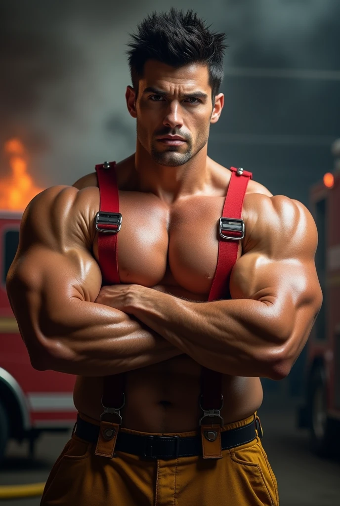 A middle-aged man,fireman,Stand by the fire truck,detailed back ground,super high image quality,the detail,musculous, Muscular body,Asia face,attractive beefy man,50-year-old man ,sport, big muscular man, partially male hairy torso, Wet pubic hair,perspire,Drenched, musculous, Muscular body, hairy chest and hairy body, loincloth