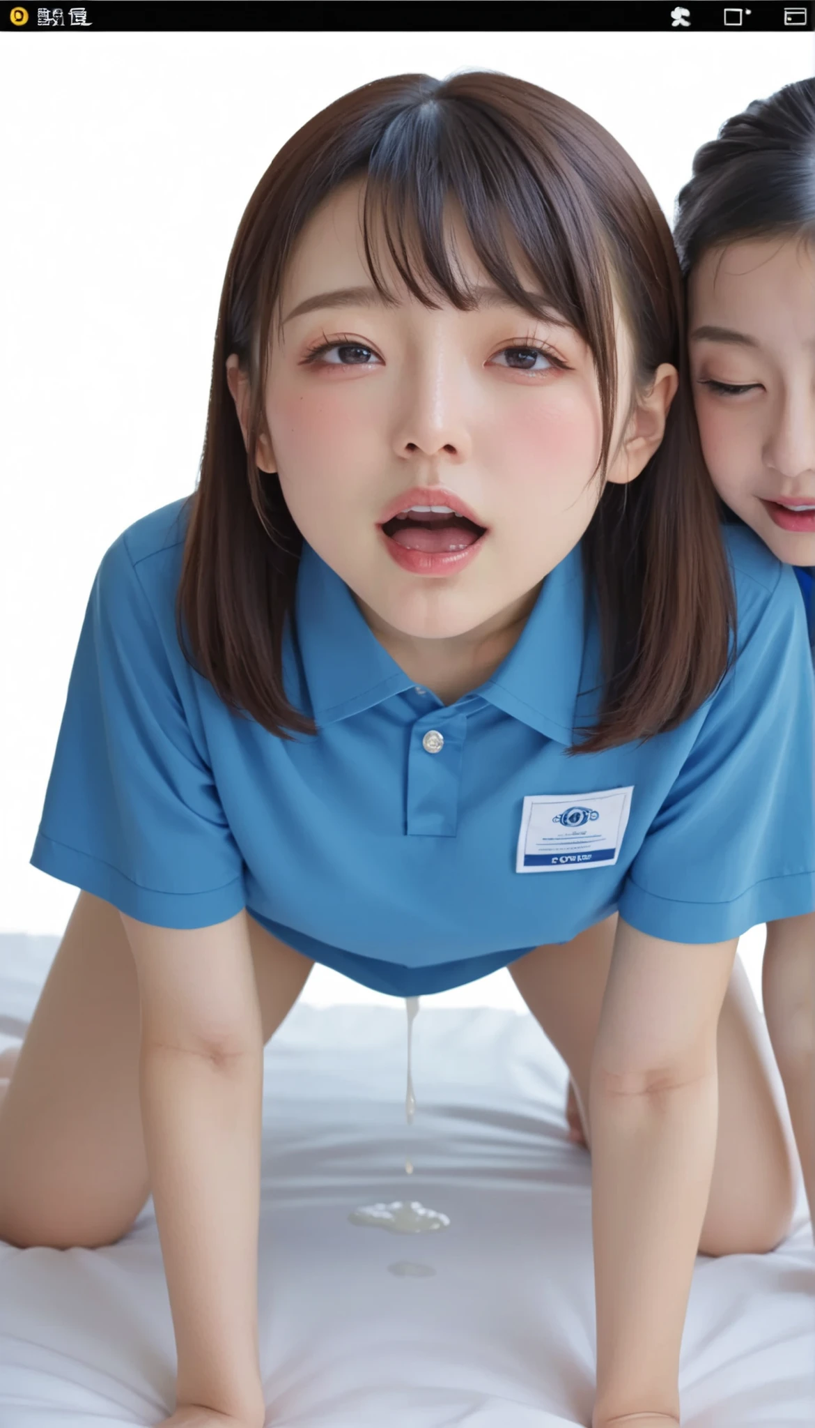 ((The greatest masterpiece of lesbian action)),  Close-up of a beautiful girl in a blue shirt、It's on the bed ,  monster, 4K], 4k yen ], 8k)), Yoshitomo Nara, standing on all fours, (emphasized small beautiful breasts), (love liquid dripping from her crotch), Sexy Girl Working At A Flower Shop, beautiful small face, two nice young girls, Strong blush,  Best Quality, charming pose, beautiful skin, thick, [32k High Quality]^10, young and cute roommate, (((sexy gaze on camera while having sex in doggy style:1.2, Loud moaning, sexual climax:1.3, ecstasy:1.3))), (detailed eyes and face:1.2), professional photography techniques, perfect anatomy
