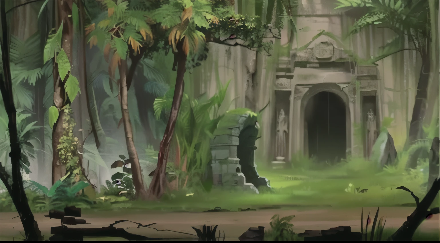 cartoon scene of a jungle with a cave and a forest, jungle background with ruins, background jungle, the background is lush jungle, jungle environment, ancient alien jungle, art nouveau jungle environment, ancient jungle, the jungle at the background, mysterious jungle painting, jungle background, 2 d game environment design, overgrown jungle environment, ancient ruins background, fantasy jungle, temple background
