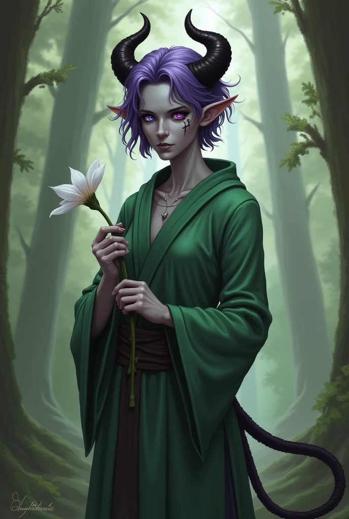 High quality realistic style, full body,  single little goblin girl, green skin colored, dark purple hair and yellow eyes, using shredded tissue and leafs as clothes, bare skin, bare foot,, scouting the surroundings, spooked expression, in a Forrest with  fireflies and mystical lights. Night time. Closed portrait,