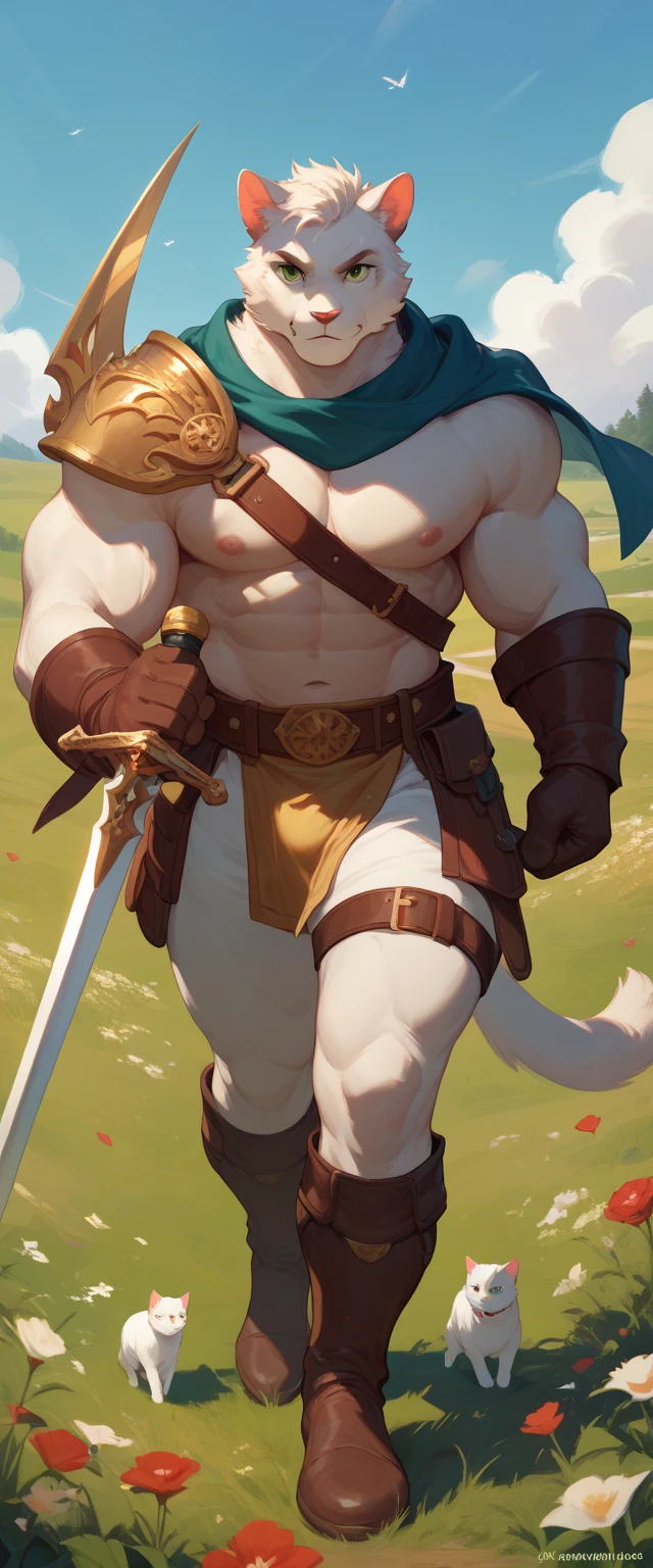 Solo Sexy anthro furry lion male mercenary medieval solider, slim endomorph muscular handsone model male apperance, headband, sword scars, worn out rusty skimpy armament, low on hips heavy leather belt, old very worn out skimpy dirty linen material jockstrap, old yellow dirty worn out stains on white jockstrap, studded skimpy armlets breastplate armor, skimpy breastplate, leather bondages, fingerless leather gloves, smelly unwashed furr, dirty body look, desert battlefield, standing in sexy fighting position, close view of full character