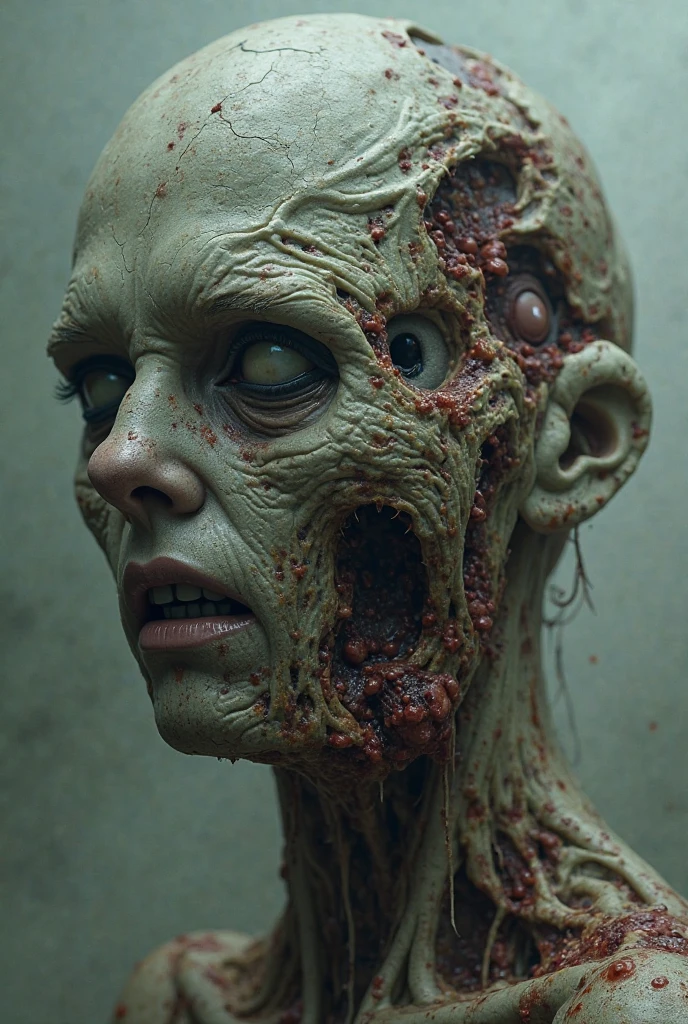Face woman sea elephant zombie,half skull and skin,humano,Hyper realistic,melted skin ,ferida,Cut on the skin,sangue,rachadura