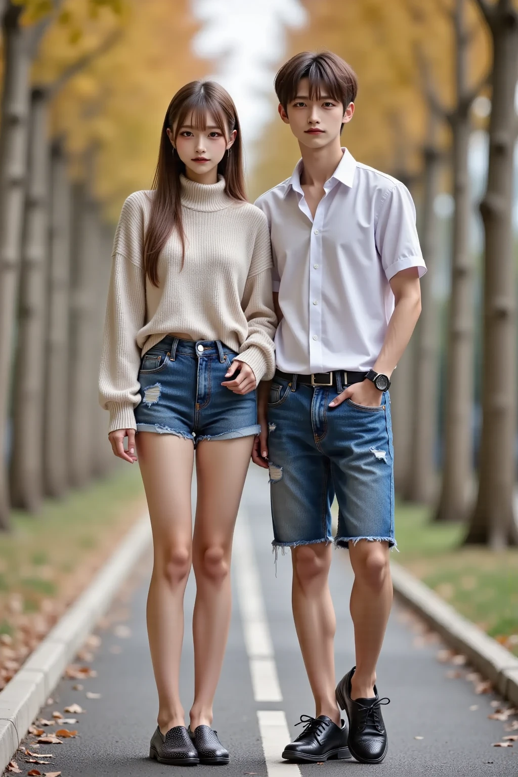 Transcendent handsome boys and super cute gal girls, Couple love, 4K, ighly detailed, Realistic, Necklace, Many bracelets, NIKE Shoes, Full body, 25 years old, Photoquality、４Ｋcorrespondence、 grey theme, Fancy