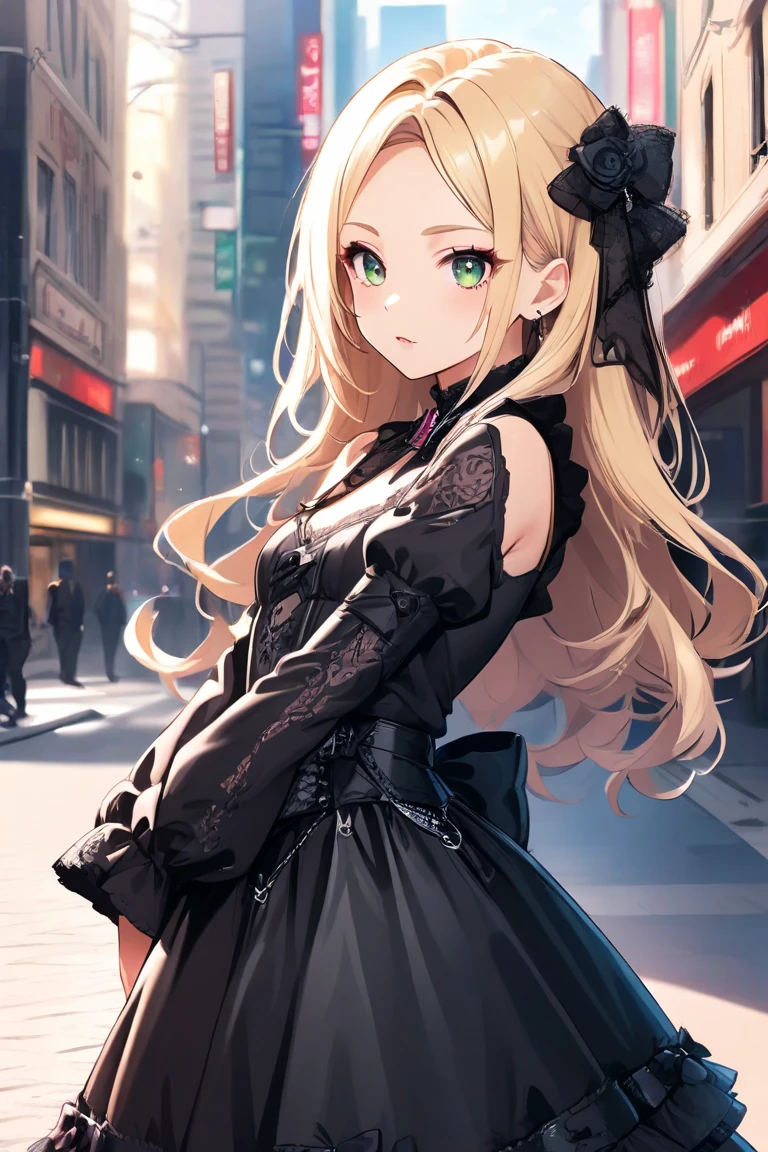 animated cartoon、Blonde girl with red eyes、solo、Ruffled dresses