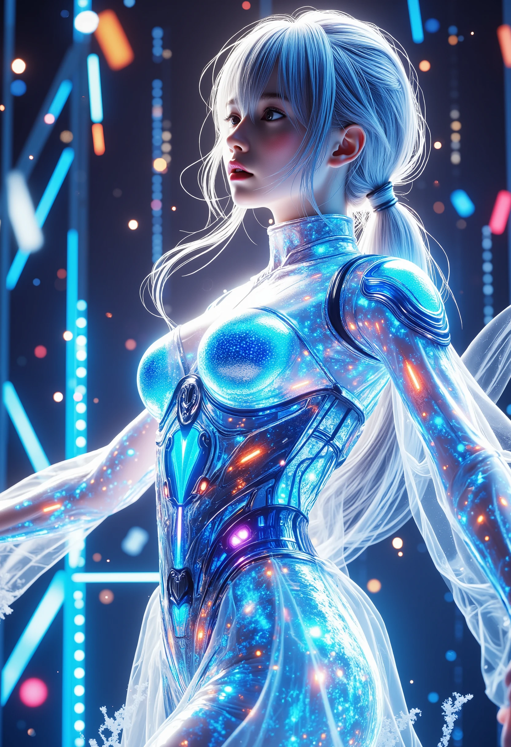 1girl, high resolution, solo, ((Masterpiece in maximum 16K resolution):1.6), (Realistic, RAW Photos, Best image quality: 1.4), Big Breasts, big ass, auralora, ARW, (cinematic experience, Best photo :2.0, Super detailed.2.0), wallpaper, (translucent virtual idol woman :2.0), (dance:2.0), (soft silver low ponytail hair), (android style hologram costume :2.0), (A cute android style costume :2.0), (3D isometric illustration :2.0), (Vivid lighting:2.0), (Upper body close-up:2.0), (Detailed face:2.0),