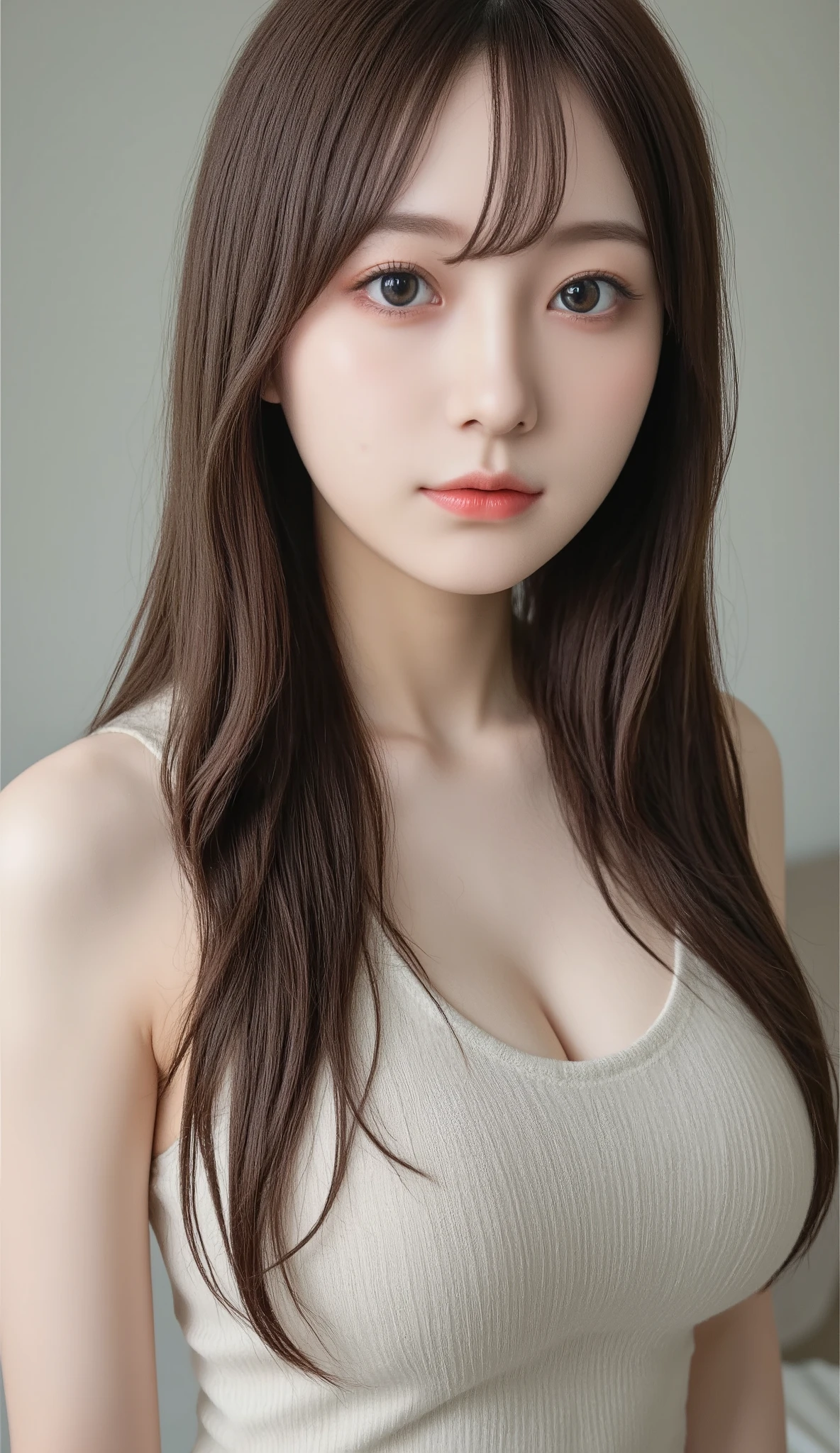 girl , alone, nothing , masterpiece, accurate , anatomically accurate from toe to head, Best Quality, details , High details , 非常にdetailsな描写 , 非常にdetailsな, beautiful sisters , selfie, I'm wearing a knitted tank top, big , close-up , Leather details , real skins , Real Human Skin , watch viewers, Beautiful Eyes.