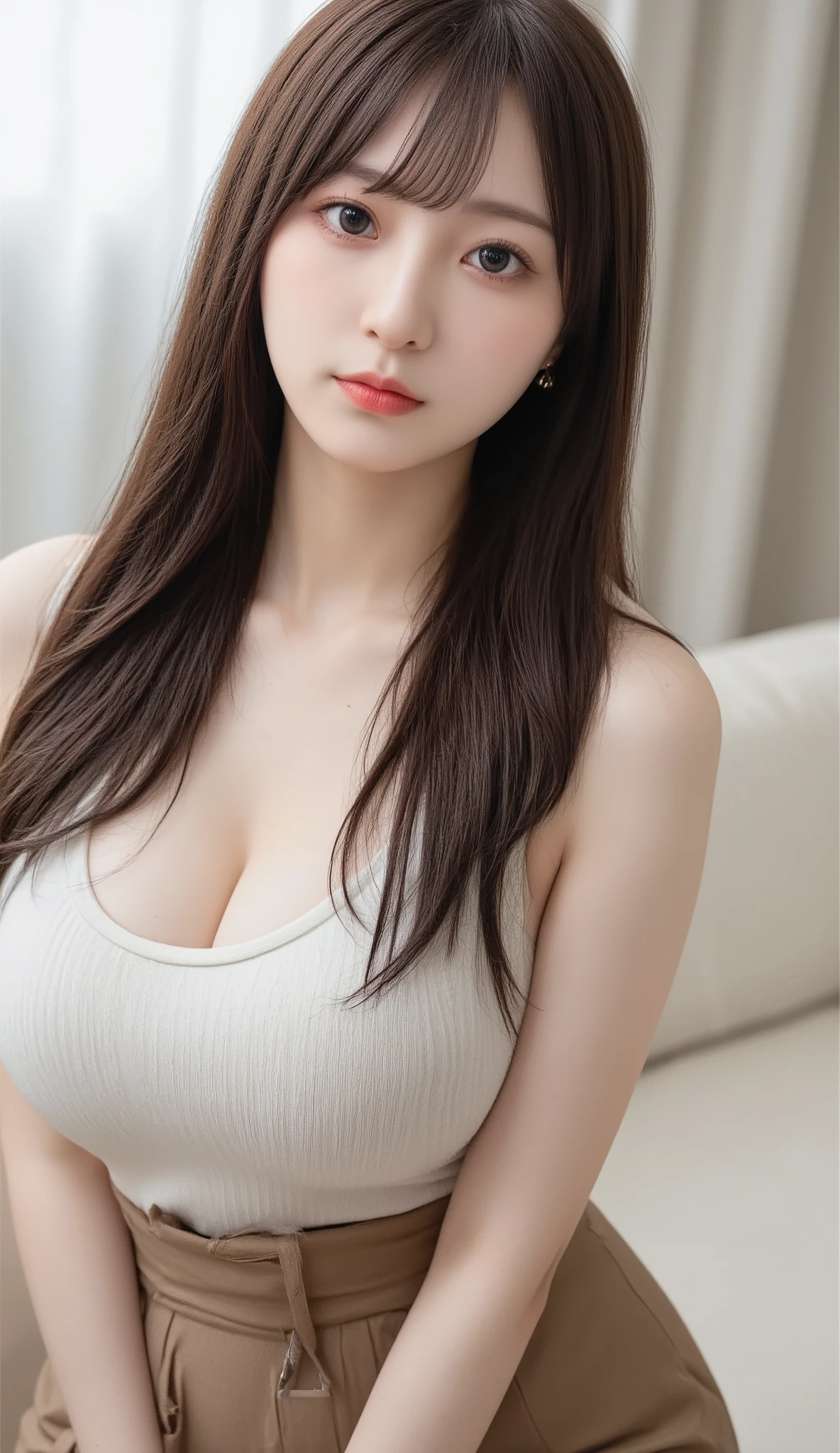 ((Realistic lighting、top-quality、8K、tmasterpiece:1.3))、Clear focus:1.2、1girl in、A Beautiful Woman with Perfect Figure:1.4、Highly detailed facial and skin texture、com rosto detalhado、Detailed lips、A detailed eye、二重まぶた、Brown hair、eyeline、eye shadows、Makeup、Tight clothes、(shirts、A miniskirt:1.1)、(huge-breasted:1.2)、nedium breasts、sit on chair、On the train、