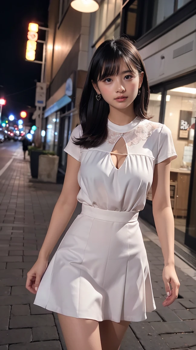 best quality, masterpiece, ultra resolution, (fidelity:1.4), photos, 1 pretty girl, white skin, extra large breasts, white shirt, movie, rainy night,