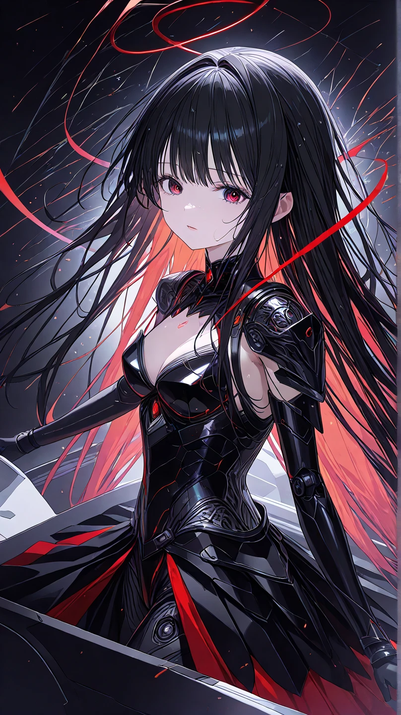 （best quality）Remove all backgrounds，Black hair，Long hair hanging down the waist，Red eyes（gentle）（Strip dyeing）,Tight combat suit，waist，The lowest point you can see is the thigh