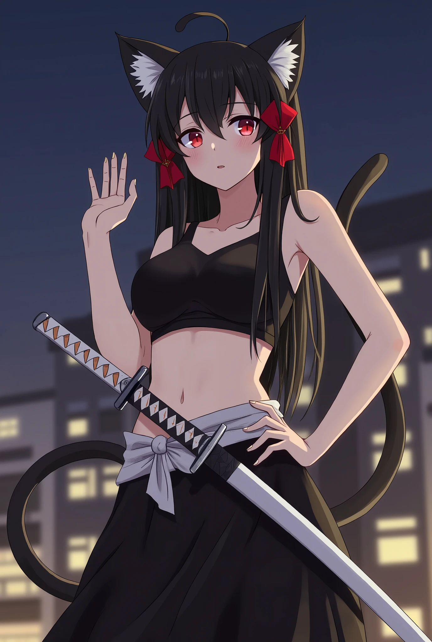 1girl, black hair, red hair ribbons, red eyes, animal ear fluff, cat ears, cat girl, cat tail, one tail, three tail ends, black crop top, white belt, black samurai skirt, sword sheathed at the waist, hand on own hip, night city background, imponent look, revealing, boob shape, athletic, samurai-ish
