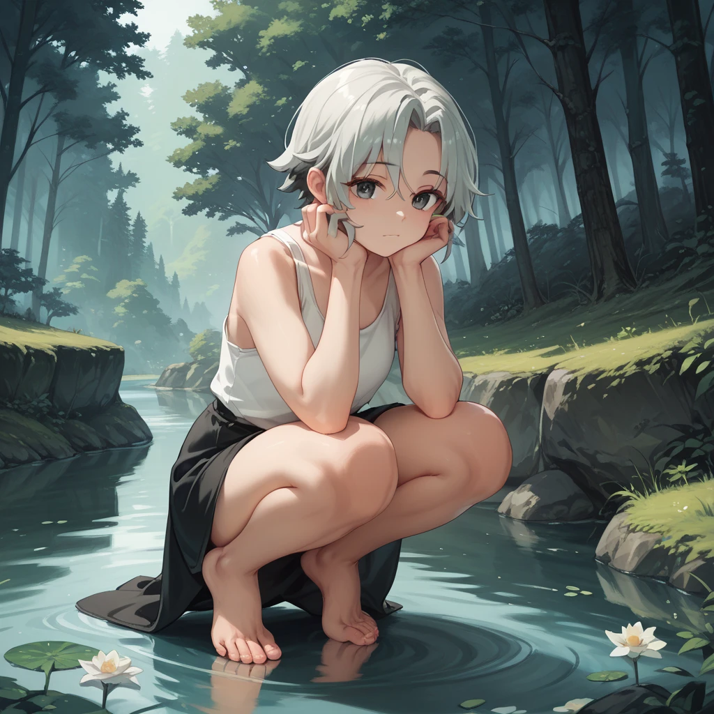 In Claude Monet style, Impressionism, 1girl, upper body focus, (completely nude), 14 year old, full body Esbian, short silver hair, pond, curtsey, (((wet)))